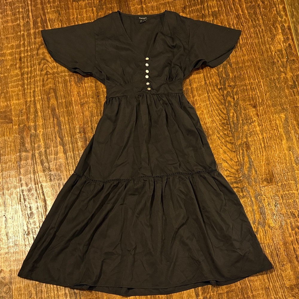 Black Flutter Sleeve Button Front Midi Dress | Flowy & Feminine Cottagecore